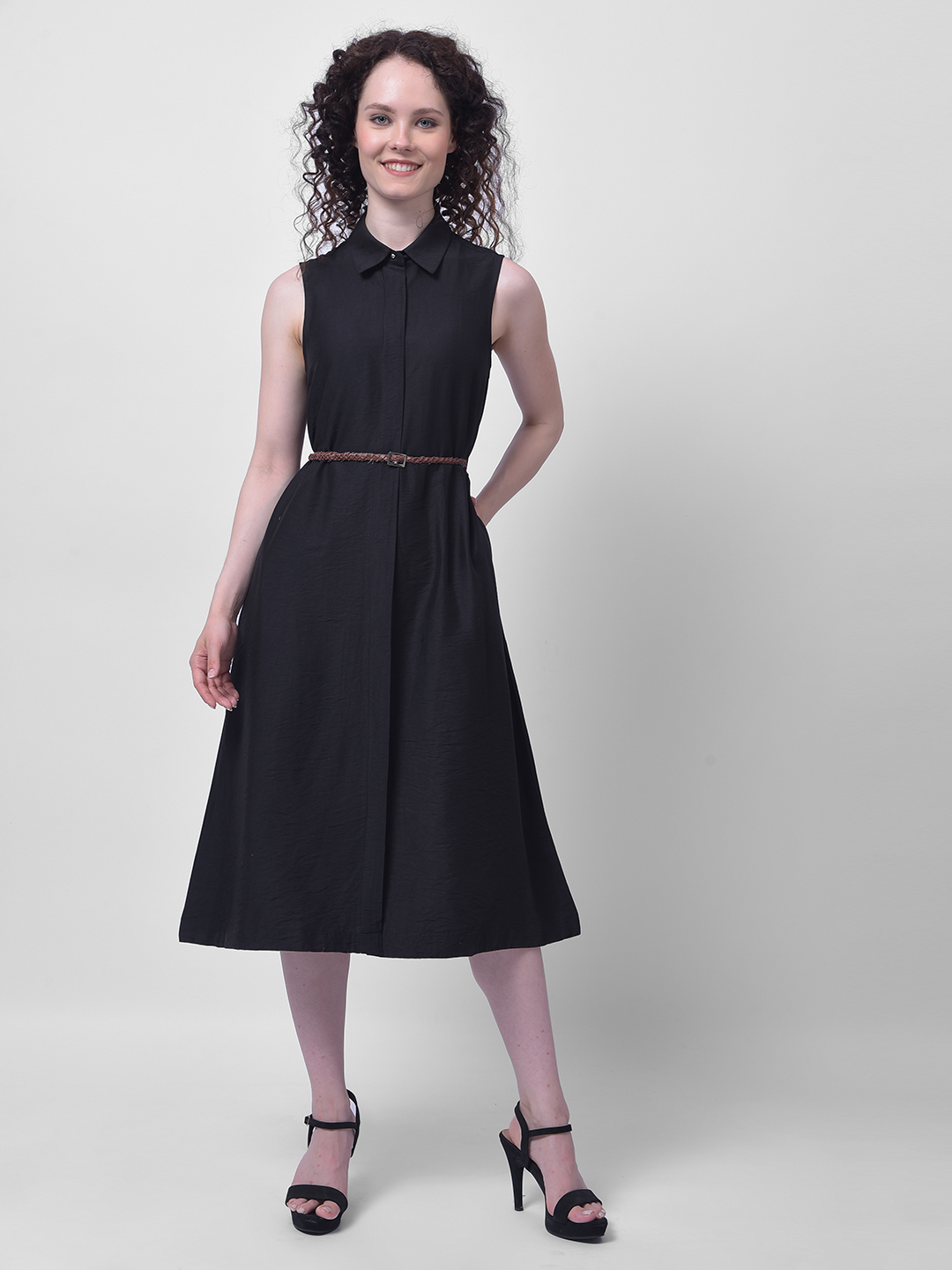 Numero Uno Women Black Sleeveless Shirt Dress